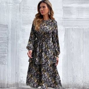 Midi Silky Floral Flounce Shirred Tiered Dress